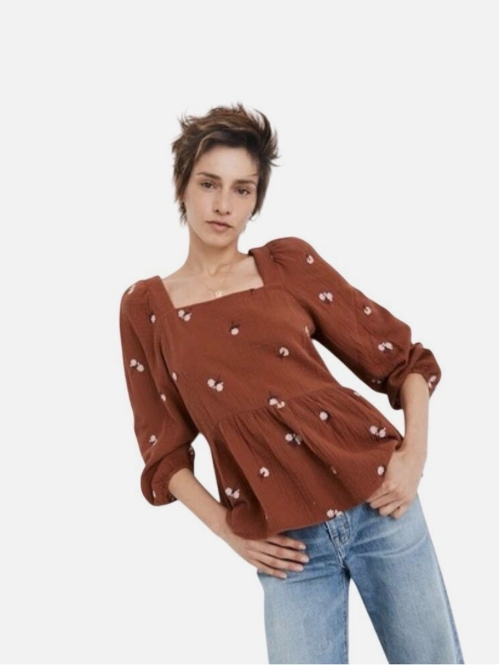 Madewell Rust Brown Floral Square-Neck Peplum Blouse